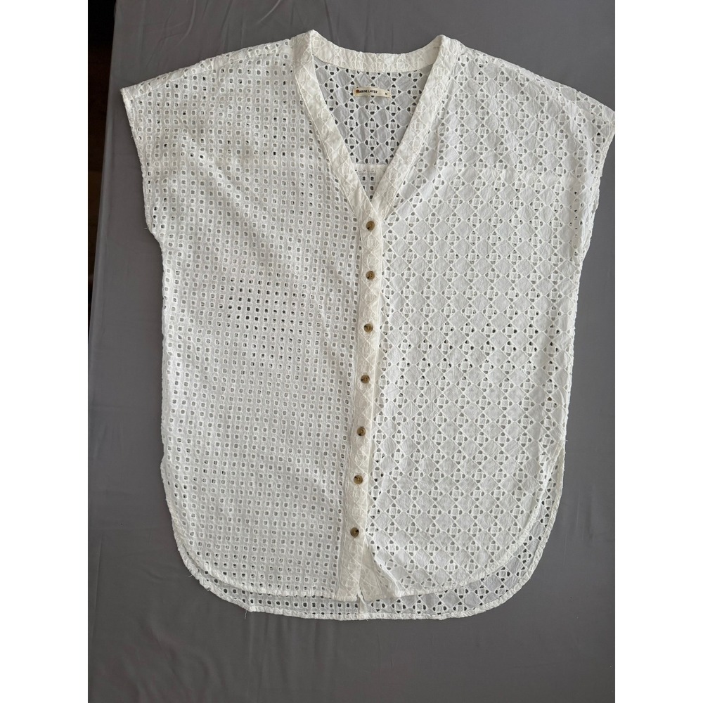 Marine Layer Womens White Eyelet Cotton Button Down Sleeveless Swim Coverup
